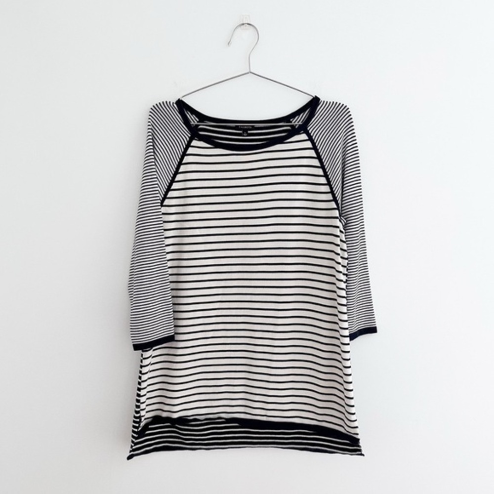 Talbots Black White Cotton Breton Stripe Nautical Boatneck Lightweight Sweater